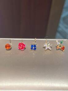 5pcs L-Shaped Nose Stud Set, Rose Flower & Cherry Shaped Nose Jewelry For Women - Gold 15 - View 1