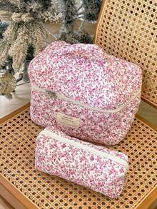 3Pcs Pink Floral Print Quilted Makeup Bag Set, Large Capacity Cosmetic Storage Bags, Portable Travel Toiletry Organizer With Zipper & Handle, Cute Aesthetic Makeup Pouch For Women - 彩色 - 查看 17