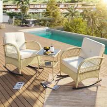 3-Piece Rattan Garden Furniture Set / Balcony Furniture Set For 2 People / 3-Piece Outdoor Seating Group / With 2 Rocking Chairs, Table, Cushions / Load Capacity 160 Kg / For Terrace Balcony, Beige - Beige - View 2