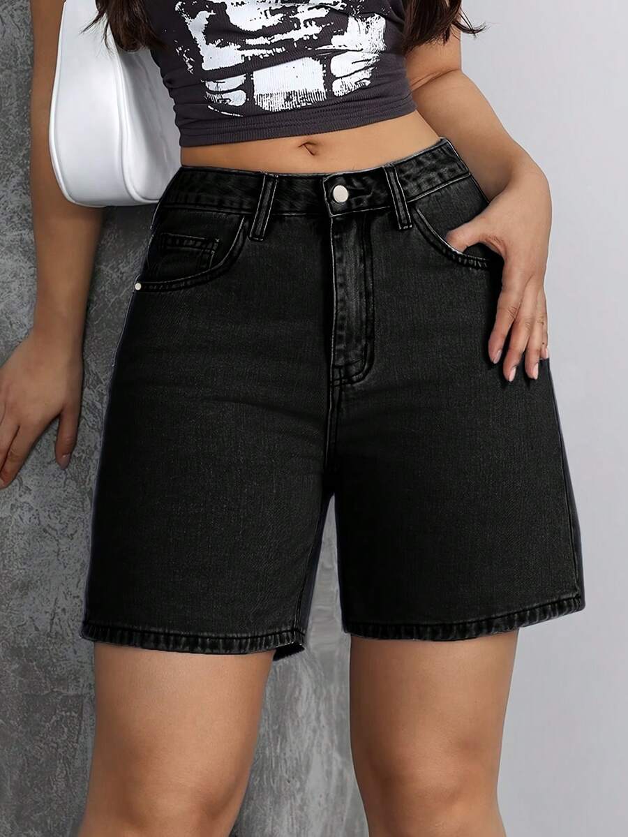 Teens' Solid Color Denim Shorts, Fashionable Casual Black For Summer - Black - View 1