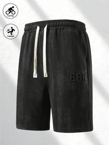 Pantalones cortos casuales para hombre, cintura elástica con cordón, patrón de letras BBR en relieve, tela con relieve, adecuados para estilo de calle de verano y deportes - Negro - Ver 2