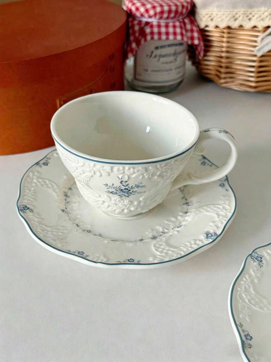 1 Set French Vintage Lace Embossed Blue Snowflake Ceramic Coffee Cup & Saucer, Delicate Floral Dessert Plate, Western Dinnerware, Suitable For Garden Gathering And Tea Time - Multicolor - View 1