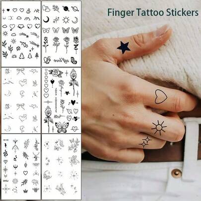 Assorted Mini Black & White Temporary Tattoos, Clear Patterns To Meet Different Needs, Applicable To Fingers, Behind Ears, Wrists, Designs Include Heart, Leaf, Butterfly, Durable & Long-Lasting, Couple Tattoo Stickers