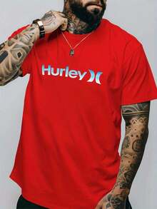 The New Summer 2026 Pure Cotton T-Shirt Features A Marine-Inspired Hurley Logo In A Gradient Blue Tone, Symbolizing Freedom, Adventure, And Coastal Lifestyle. 100% Cotton Men's Casual T-Shirt – Vintage Street Style, Unisex, Loose Fit, Short-Sleeved Round-Neck T-Shirt. Casual Versatile Comfortable Top - 紅色 - 查看 6