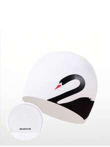 1 pieza Gorro de natación de silicona con estampado de cisne de dibujos animados, talla grande, alta elasticidad, protección de oídos, adecuado para cabello largo, gorro de natación impermeable para mujeres - Blanco - Ver 8