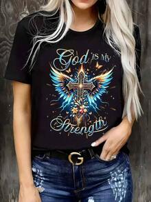 Women's Short Sleeve T-Shirt With Religious Design - Brings The Light Of Love And The Biblical Verse "God Is My Strength" - Soft Short Sleeve T-Shirt With Round Neck And Cross And Wings Design, Inspirational Religious Clothing For Casual Summer Outfit. - 黑色 - 查看 1