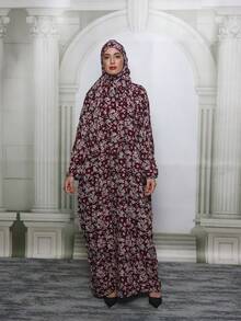 Burgundy Floral Pattern Prayer Robe, Long Lantern Sleeve, Woven Fabric, Floor-Length, Solemn And Elegant Prayer Attire Vacation - Multicolor - View 2
