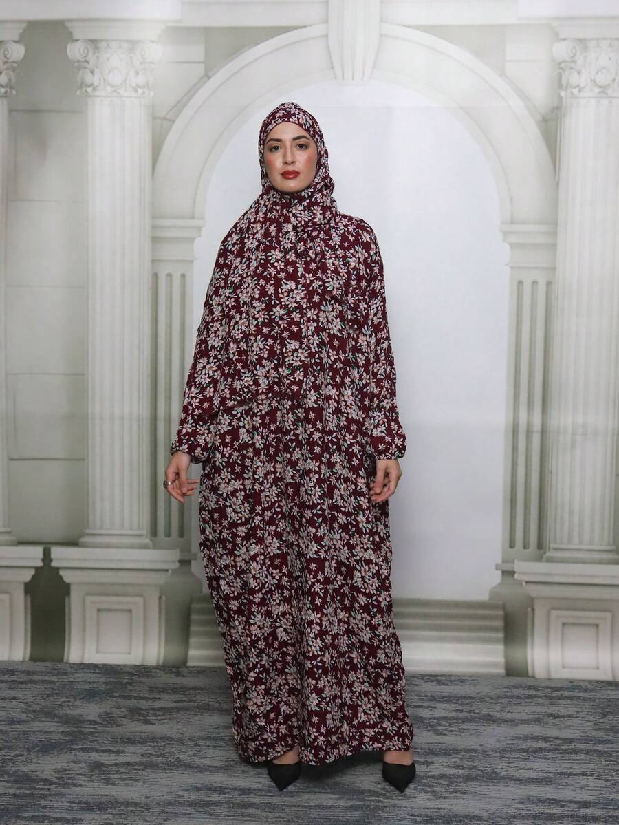 Burgundy Floral Pattern Prayer Robe, Long Lantern Sleeve, Woven Fabric, Floor-Length, Solemn And Elegant Prayer Attire Vacation