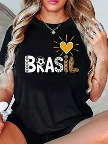 Women's Brazil Football Theme T-Shirt - Football And Heart Slogan Decoration Casual Short Sleeve, White-Yellow-Green Vibe Brazil Fan Culture Lover Top - 黑色 - 查看 1