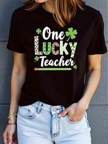 St. Patrick's Day One Lucky Teacher Clover Graphic Print T - Camiseta de primavera de las mujeres - verano corto - tripulación de manga - cuello casual T - camiseta, ocio diario, regalo de vacaciones, día de San Patricio - Negro - Ver 2