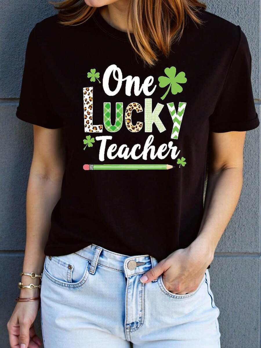 St. Patrick's Day One Lucky Teacher Clover Graphic Print T - Camiseta de primavera de las mujeres - verano corto - tripulación de manga - cuello casual T - camiseta, ocio diario, regalo de vacaciones, día de San Patricio