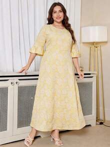 DEARCASE Plus Size Floral Jacquard Ruffle Sleeve Dress Vacation - Yellow - View 4