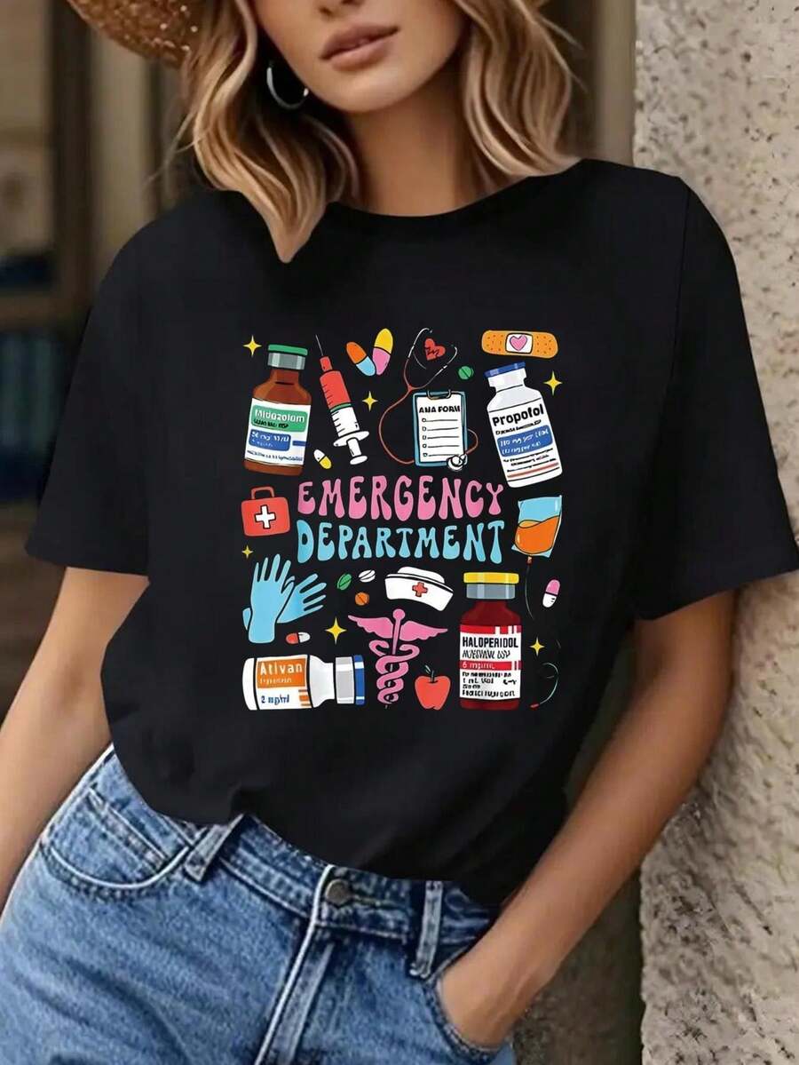 Women's ER Nurse Tech Graphic T-Shirt - Retro Emergency Department Design with Icons - Black with Pink Work Shirt - Short Sleeve Nursing Top for Hospital Staff Uniforms - Comfortable Healthcare Apparel for ER Nurses & Techs -