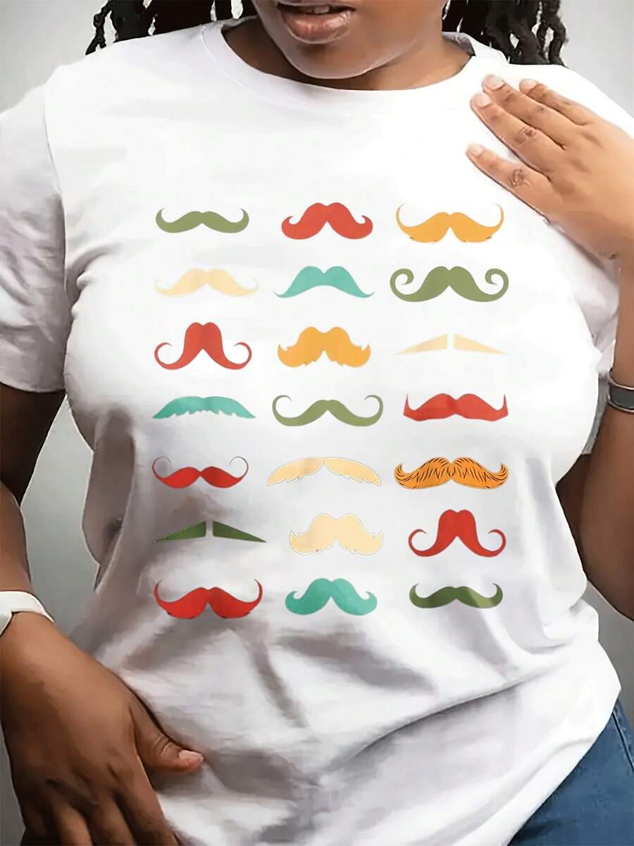 Ladies' Fashion Casual Crew Neck T-Shirt | Short Sleeve, Lightweight Stretch Fabric, Geometric Pattern Beard Print, Perfect For Daily Wear And As A Gift For Friends And Family - 白色 - 查看 1