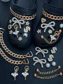 24pcs Luxury Rhinestone Metal Hollow Shoe Charms, Bowknot Star Chain Shoe Clips DIY Accessories - Gold - View 6