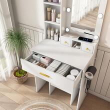 Small Dressing Table Set / Modern Dressing Table / With Mirror, Hairdryer Holder & Upholstered Stool / Dressing Table With Drawers And Shelf / Suitable For Bedrooms And Dressing Rooms - White - View 9