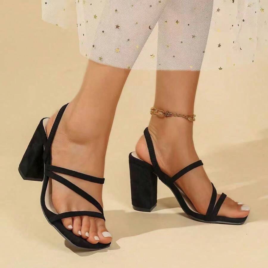 New Square Toe Retro Strap Thick Heels Gladiator Sandals For Women, Open Toe Ankle Strap Sandals, Chunky Heel Summer Beach Party Dress Shoes - màu đen - Xem 1