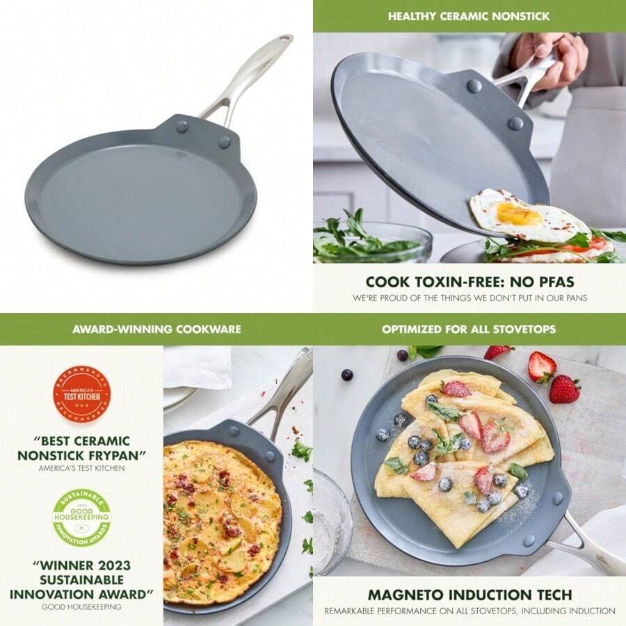 GreenPan Swift - Sartén antiadherente de 9.5 pulgadas, sartén de cerámica para panqueques sin PFAS, apto para inducción, apto para lavaplatos y horno, color gris - Ver 1