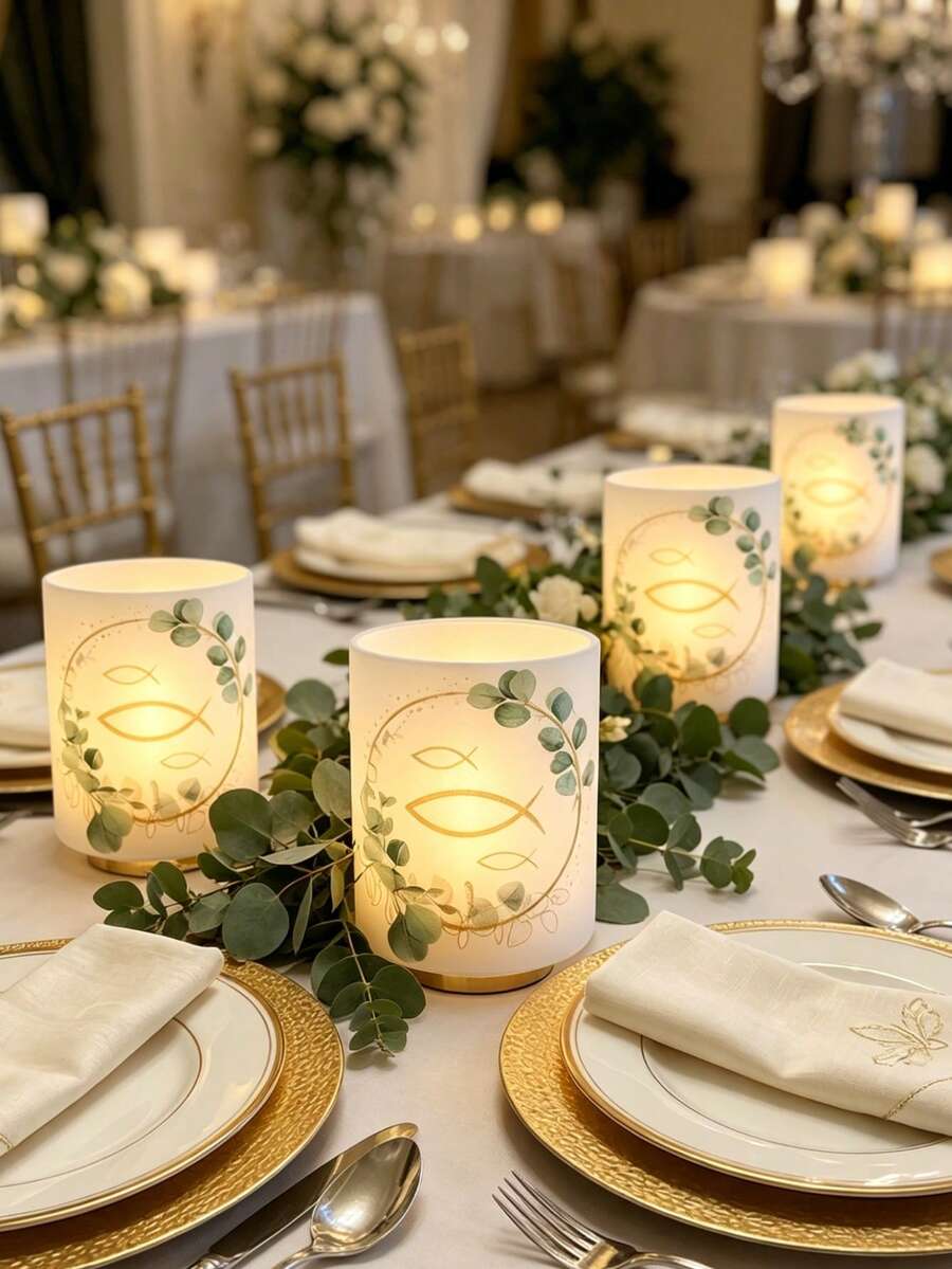 12pcs Eucalyptus Leaf Frosted Lamp Shades - Centerpiece Decor, Eucalyptus Leaf & Fish Frosted Design Lamp Shades, Birthday Party Supplies, Wedding Party Decor, Party Lighting Decor, Birthday Decor, Wedding Decor, Retirement Party Decor, Anniversary Decor, Candlelight Dinner, Restaurant Decor, Room Decor, Communion, Baby Shower, Cabinet Decor