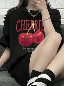 Camiseta de manga corta de verano para mujer, con estampado de cerezas, cuello redondo, casual, 100% algodón. - Negro - Ver 5