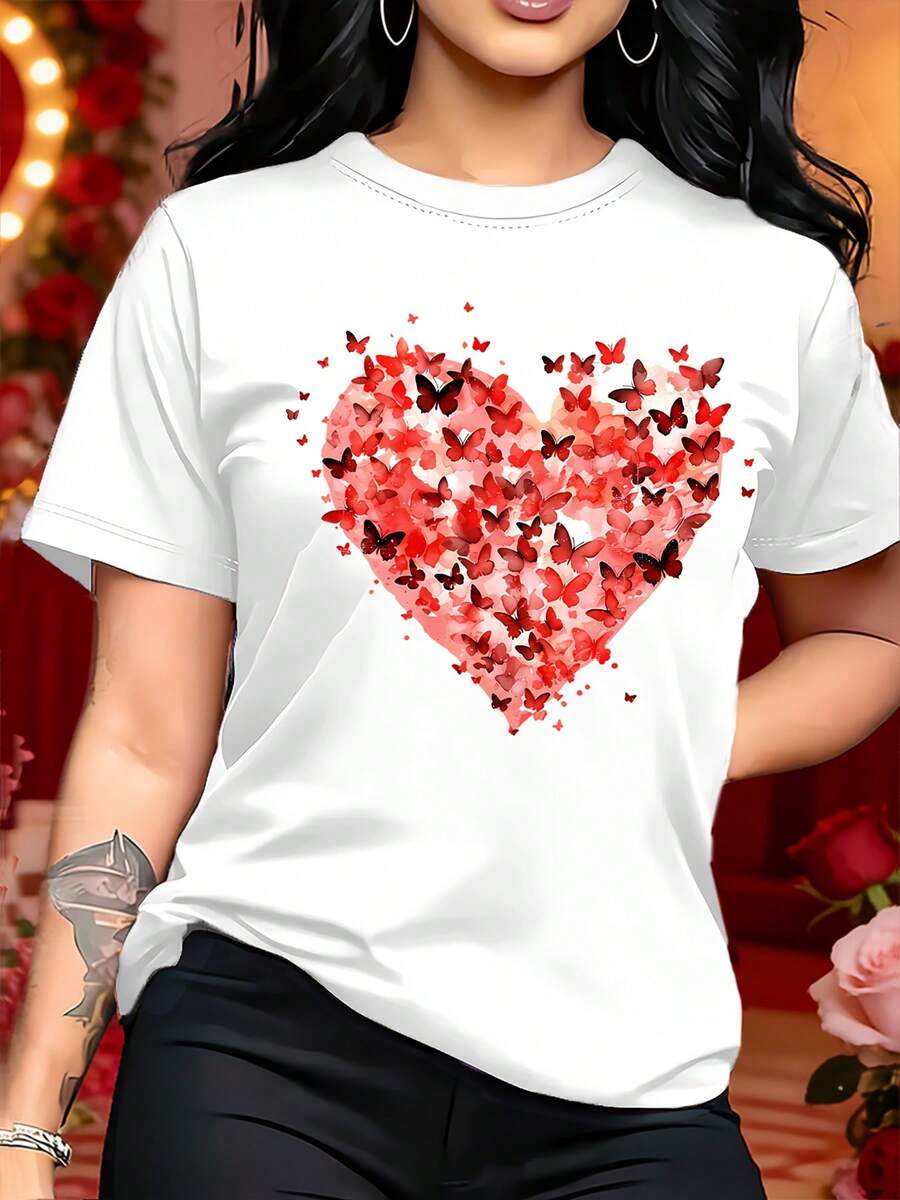 Camiseta casual del día de San Valentín de las mujeres: Mariposa Corazón patrón de impresión de la camiseta - elegante regalo de San Valentín tripulación cuello superior - transpirable ligero cómodo, perfecto para el armario de verano de primavera