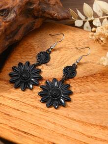 1 Pair Retro Bohemian Sunflower Pendant Earrings, Creative Western Floral Design, Women's Earring Decoration, Gift For Valentine's Day, Mother's Day - Antique Silver - View 11