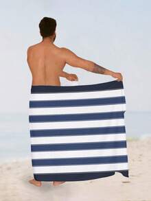 1 pièce Serviette de plage rayée minimaliste, serviette de plage rayée colorée, serviette de plage de grande taille, serviette de plage rayée douce et absorbante, convient pour les voyages, les vacances, les sports, la salle de bain, la piscine et le camping, serviette de voyage moderne essentielle avec une forte absorption d'eau - bleu indigo - Voir 3