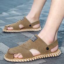 Men's Basic Faux Leather Studded Outdoor Handmade Stitched Slide Sandals, New Versatile Soft Casual Slippers - Brown - View 11