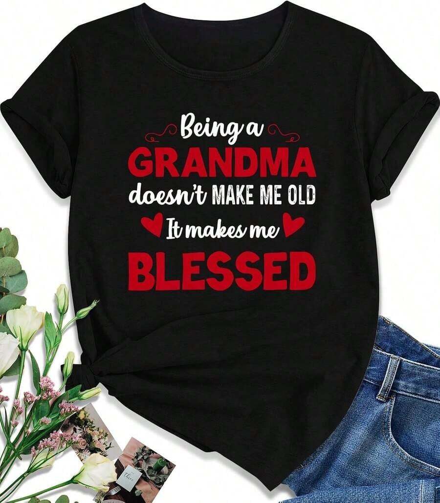 1 T-Shirt, EUOW Mama T-Shirt For Women, Cute Graphic Tees For Mother's Day, Casual Boho Style, T-Shirts For Grandma, 100% Cotton, 180g, 100% Cotton, Designs Are Printed. Unisex. - 黑色 - 查看 1