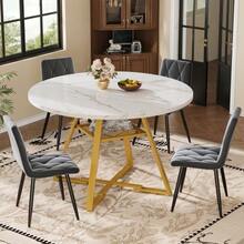 Dining Set (5 Pieces), 120x120x75 Cm Round Dining Table With 4 Chairs, Round Coffee Table For 4-6 People, Grey Velvet Chairs. - White - View 2