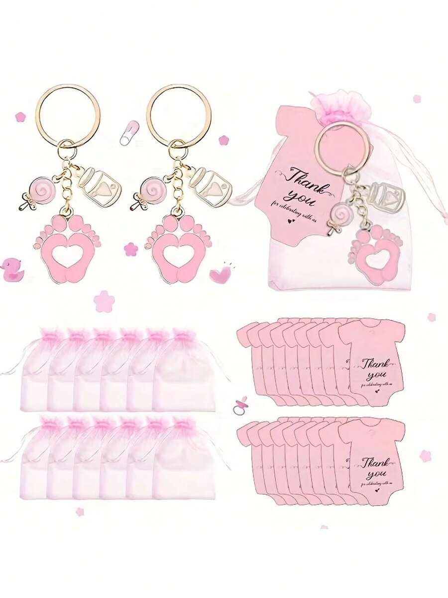 30pcs/15pcs Set Cute Footprint Keychain Gift Set - Includes 10pcs/5pcs Baby Bottle Shaped Footprint Keychains, 10pcs/5pcs Drawstring Bags, And 10pcs/5pcs "Thank You" Cards. This Creative And Charming Set Makes A Perfect Party Favor Or Souvenir, Suitable For Various Occasions Such As Birthday Parties, Baby Showers, Gender Reveal Parties, Baby Showers, Weddings, Themed Parties, Anniversaries, Etc. - One Size Fits All - View 1