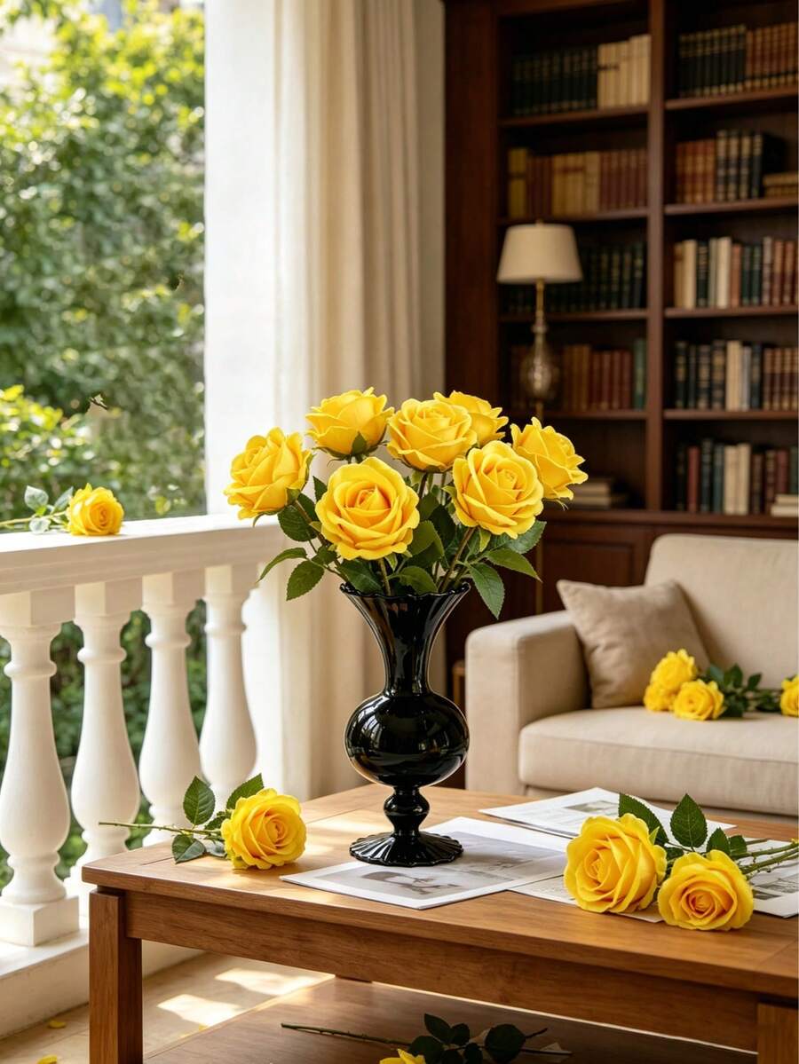 Yellow Artificial Rose Bouquet + Black Fluted Glass Vase, 15pcs Faux Flowers Set For Farmhouse, Modern, Gothic Home Decor, Perfect For Gift & Wedding Party - Multicolor - View 1