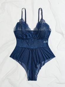 Mono de lencería sexy con parches de encaje para mujer de talla grande - Azul Marino - Ver 3