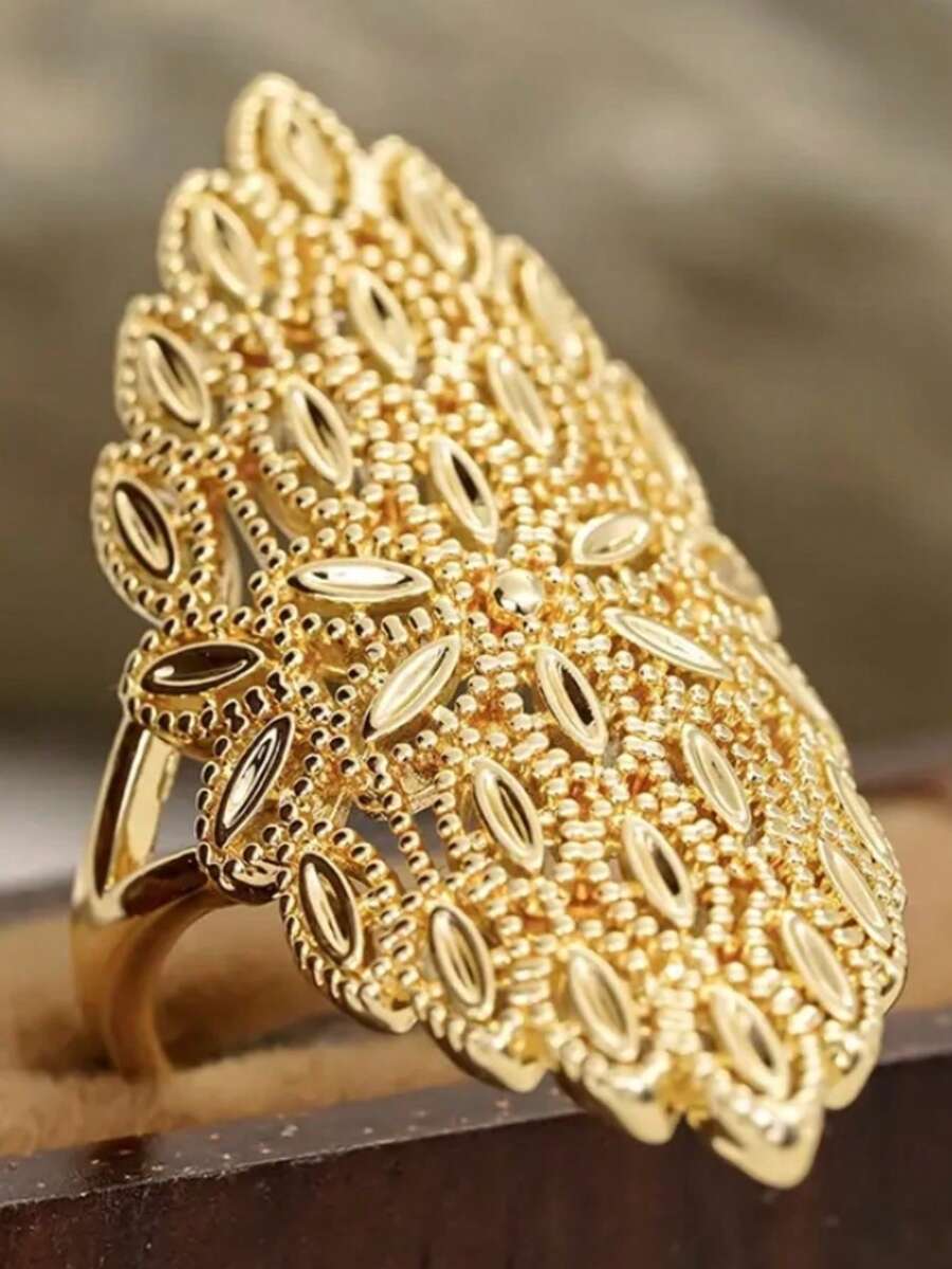 Nhẫn bản rộng thời trang nữ, thiết kế rỗng thanh lịch kiểu Pháp, nhẫn phong cách dự tiệc và dạ hội. - Vàng - Xem 1