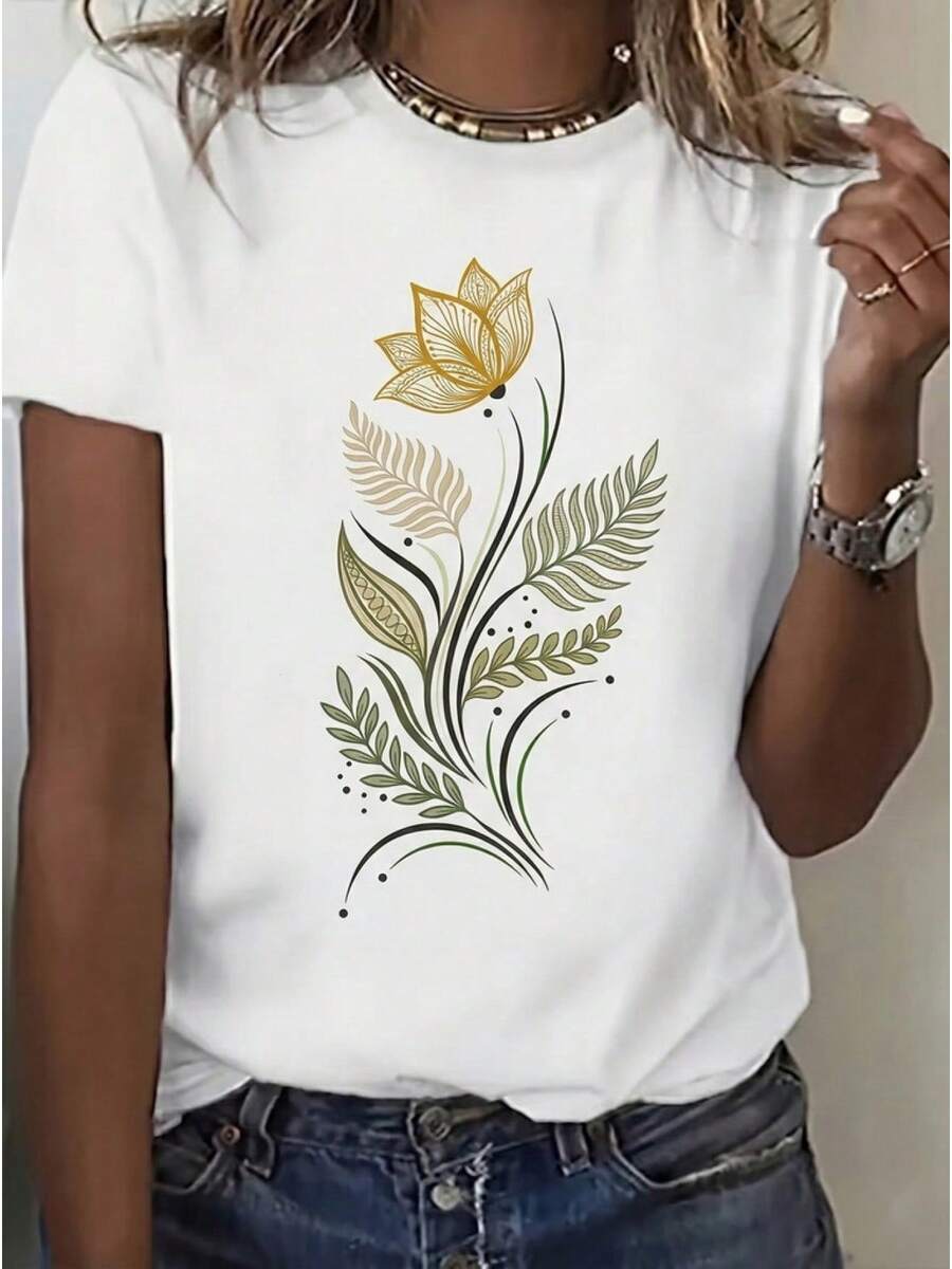 Un vestido de primavera y verano de las mujeres, rel elegante, camiseta con patrón de hoja floral amarilla, cuello redondo corto Sves, top elegante casual, vestido de fiesta festiva, ajuste suelto, regalo del día, diseño divertido, adecuado para el uso cotidiano