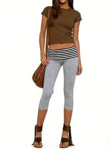 Striped Pants For Women Mid Rise Wide Leg Elastic Waist Casual Trousers For Spring - Light Grey - View 5