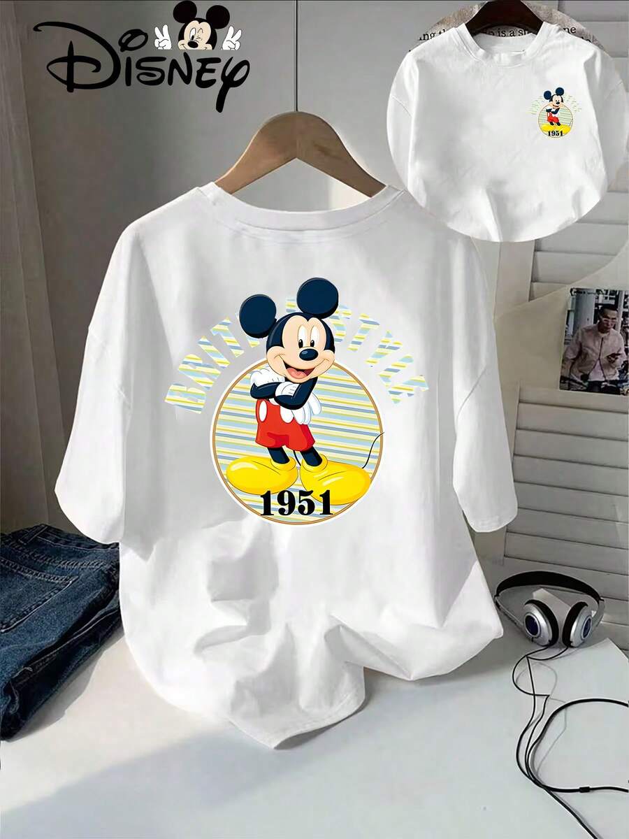 Disney Classic Cartoon Mickey Mouse | BRITISH STYLE 1951 Printed Women'S Casual Fashion Short Sleeve T-Shirt | Crew Neck, Medium Stretch Fabric, Elegant Style - trắng - Xem 1