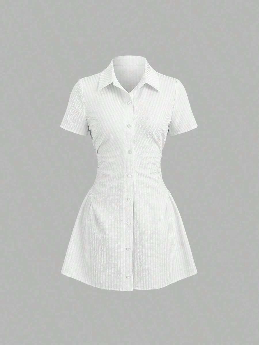 Vestido camisa de manga corta rosa dulce y fresco, diseño de cintura estilizadora, vestido camisero elegante para dama, nueva llegada de verano - Blanco - Ver 1
