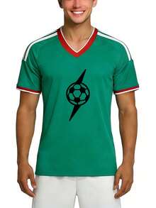 Camiseta de Estilo Deportivo Casual para la Temporada de Fútbol 2026 con Gráfico de Fútbol Relámpago, Jersey con Cuello en V para Primavera y Verano, Camiseta para Fanáticos del Fútbol, Regalo Perfecto para Hombres y Entusiastas del Deporte - Verde - Ver 2