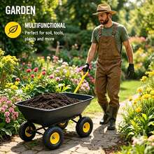 Folding Poly Garden Dump Cart With Steel Frame, 10" Pneumatic Tires, 300 Lbs Weight Capacity, 55L Large Capacity Heavy Duty Utility Wagon For Yard Lawn Outdoor - 黑色 - 查看 7