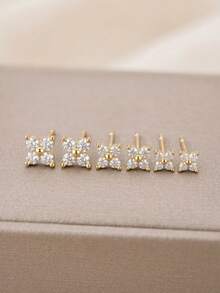 3pcs Delicate Miniature Flower Shaped Cubic Zirconia Stud Earrings, Minimalist Versatile Daily Wear For Women - Gold - View 5