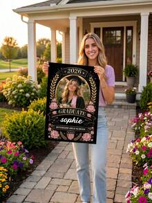 1pc Custom Graduation Photo Garden Flag, Personalized Photo/Name/School Name Class Of 2026 Yard Banner, Floral Wreath High School College Graduation Gift, Black Background Welcome Sign Garden Flag, Yard Part Decor, Celebration Photo Prop - Multicolor - View 5