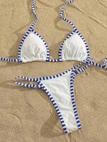 2pcs Striped & Solid Color Sexy Tie-Front Backless Women Swimwear Bikini Set White Vacation Beach Summer - White - View 2