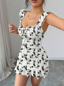 Vestido camisero con volantes en el bajo y hombros descubiertos, estilo vintage con estampado - Vestido entallado de línea A - Blanco y Negro 5 - Ver 3