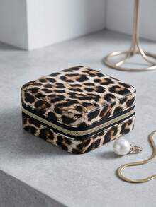 Women's Small Jewelry Box Portable Leopard Print Travel Case Rings Earrings Storage Organizer With Zipper Closure For Mother's Day Gift - E - View 1