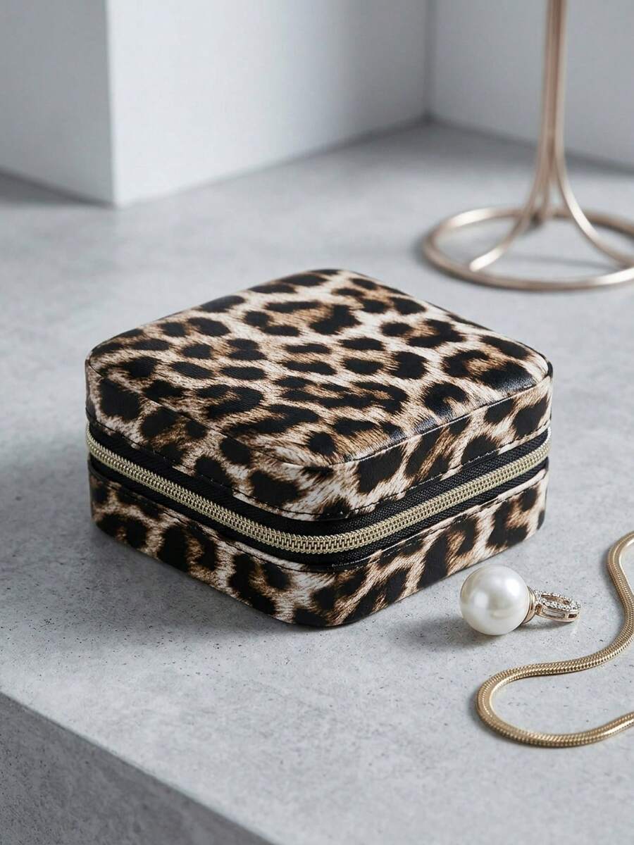 Women's Small Jewelry Box Portable Leopard Print Travel Case Rings Earrings Storage Organizer With Zipper Closure For Mother's Day Gift - E - View 1