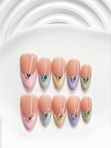 10片甜美風手工穿戴甲，Polygel美甲套組，彩色愛心水鑽，黃色、紫色與綠色指甲油，清新法式風，附美甲工具，3種尺寸可選，方型、短方型、杏仁形，適合派對、舞蹈、日常佩戴 - 彩色 - 查看 15