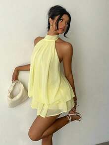 Vestido mini elegante de gasa con lazo  en color amarillo mantequilla para mujer, vestido para citas, vestido para para mujer, atuendos para luna de miel, vestido de invitada de boda, atuendos para vac - Amarillo claro - Ver 8