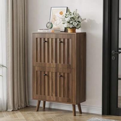 60 Cm High, Walnut-Colored Shoe Cabinet, Upright Shoe Storage Cabinet With Vertically Grooved Surface, Shoes In Medieval Style, Suitable For Hallways, Passageways And Entrances.