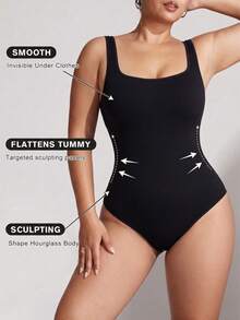 Oillpretty Seamless Plus Size Ribbed Jumpsuit, Women's Jumpsuit, Double-Layer Compression Shapewear, Suitable For Gym & Daily Wear, Women's Fitness Outfit Sports - Black - View 2